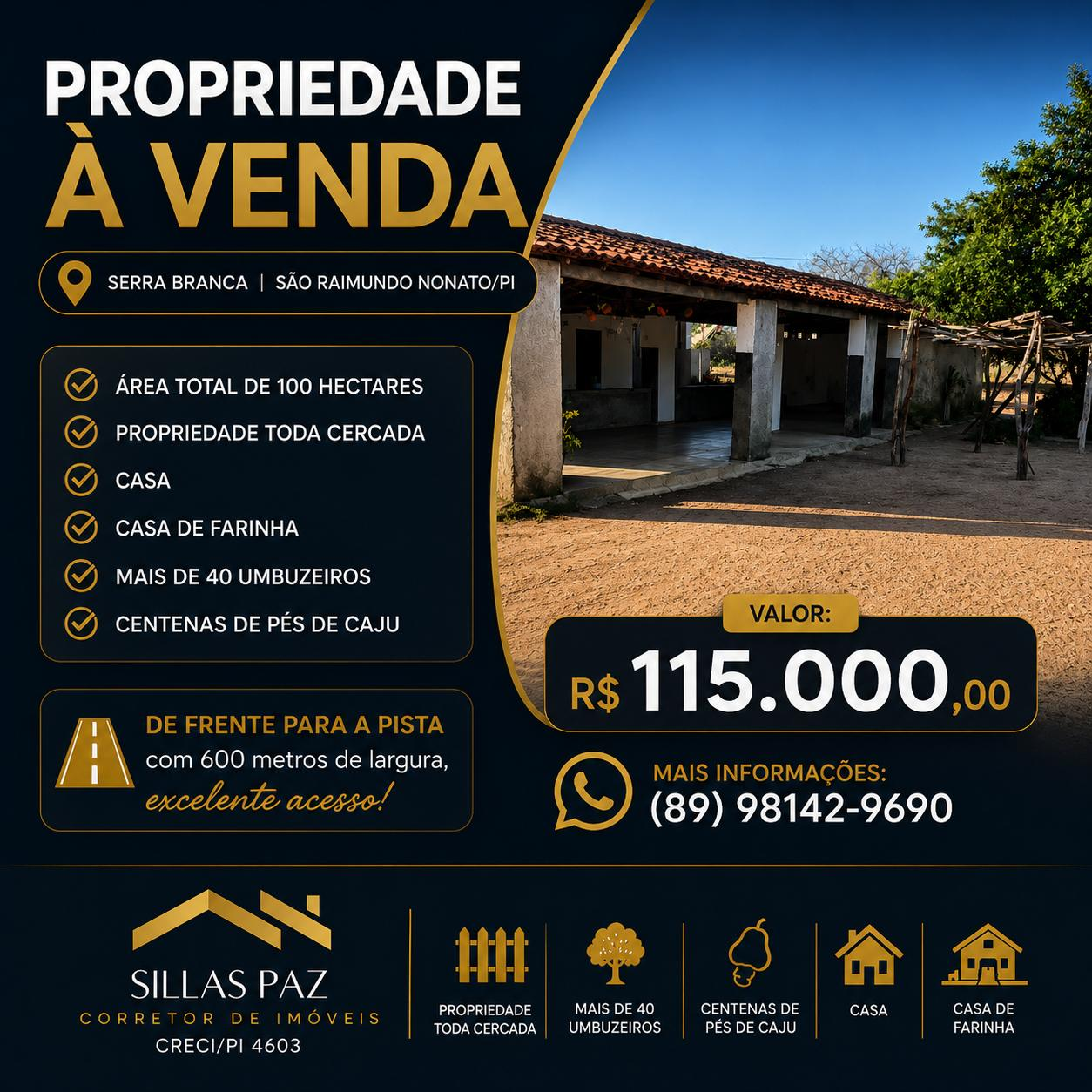 Propriedade à venda em Serra Branca, São Raimundo Nonato - PI, 100 hectares por R$ 115.000