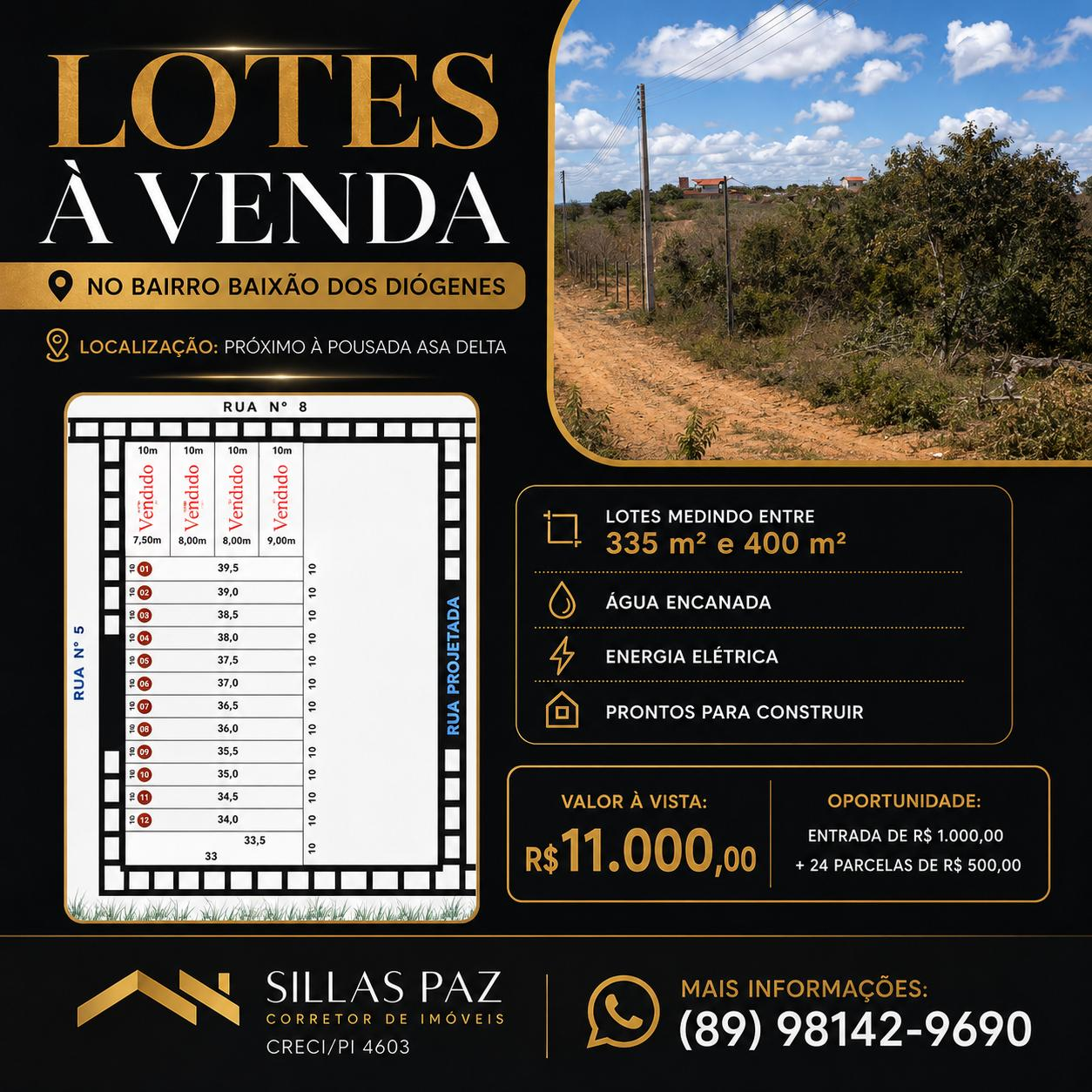 Lotes à venda no bairro Baixão dos Diógenes a partir de R$ 11.000