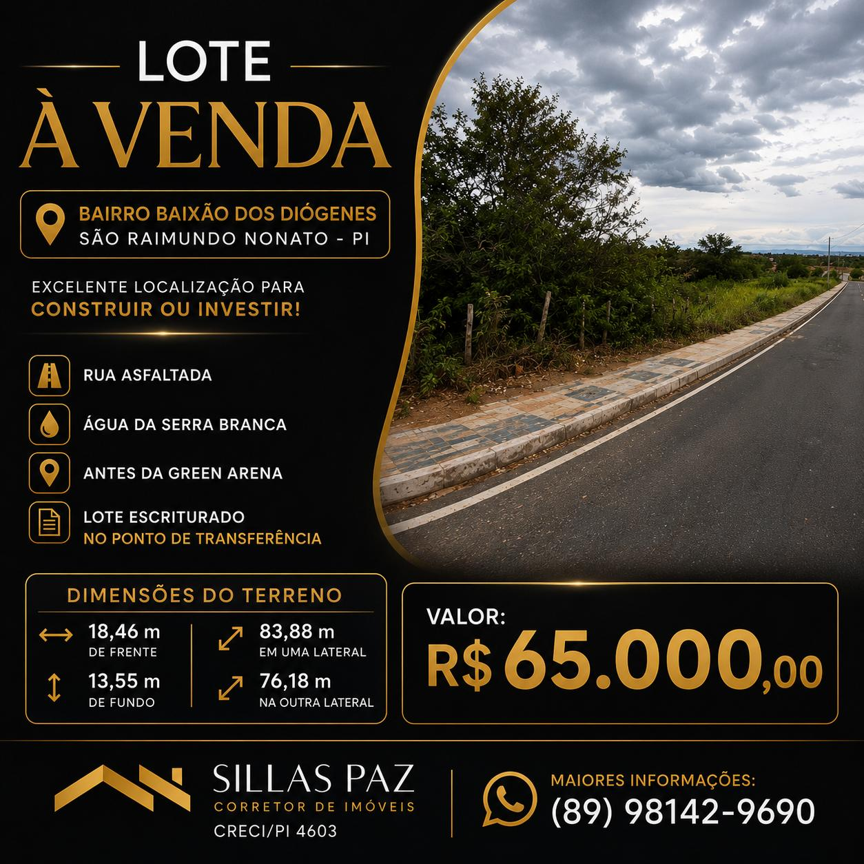 Lote à venda no bairro Baixão dos Diógenes por R$ 65.000