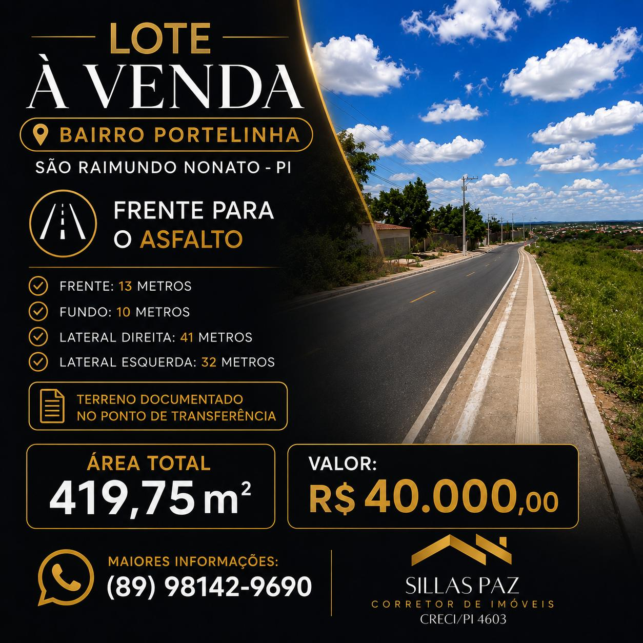 Lote à venda no bairro Portelinha - frente para o asfalto